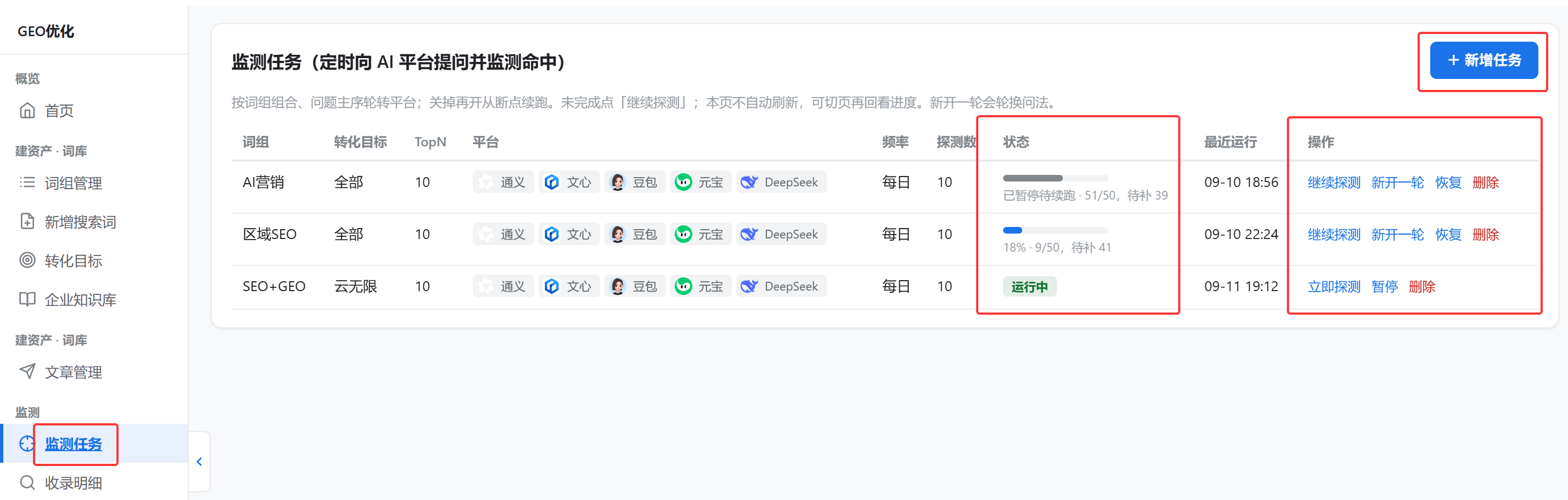 监测任务列表
